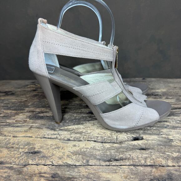 Michael Kors Taupe Suede Strappy Heels Women’s 9.5M Gold Zip Front Peep Toe Pump - Picture 3 of 12